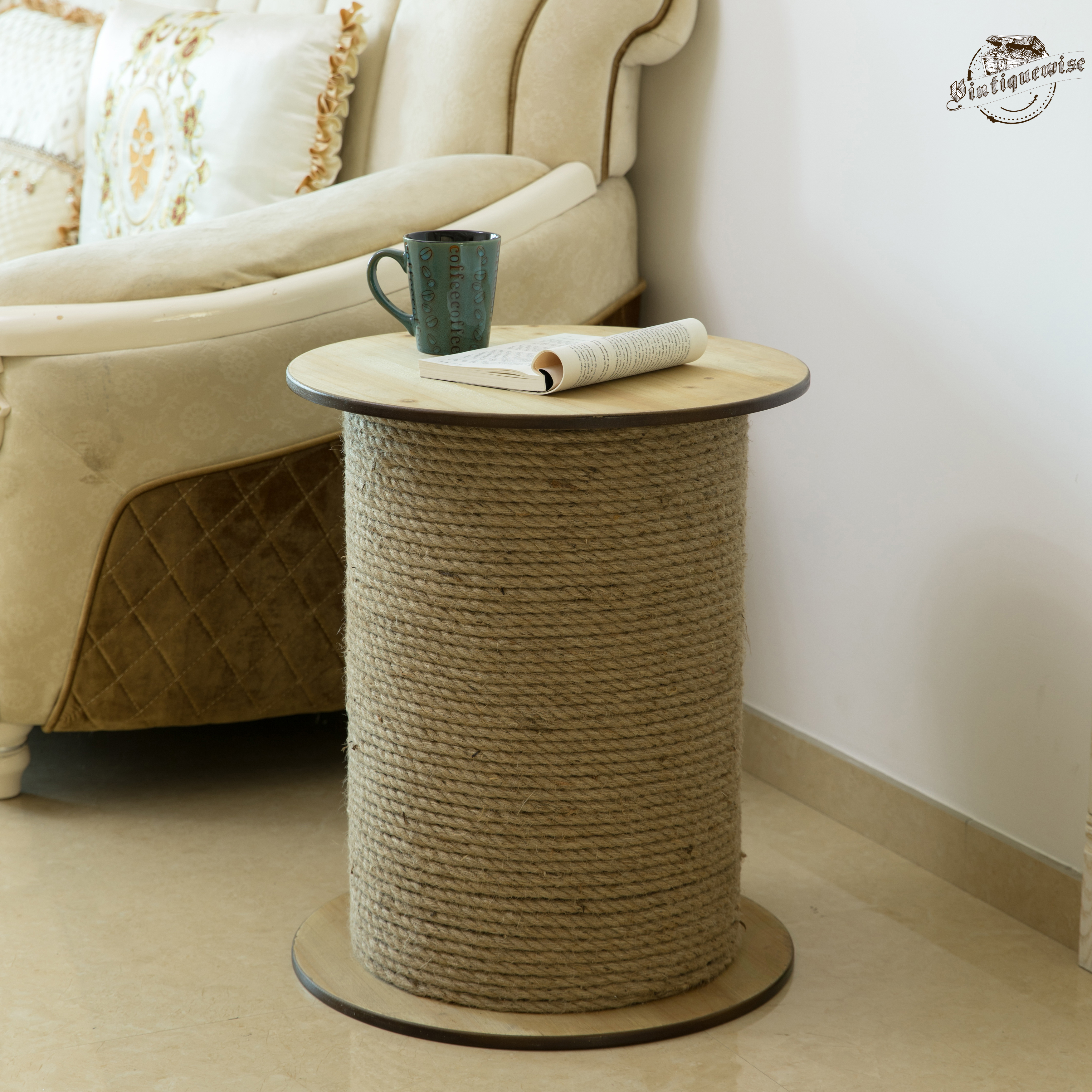 Decorative Round Spool Shaped Wooden Accent Side Table with Rope