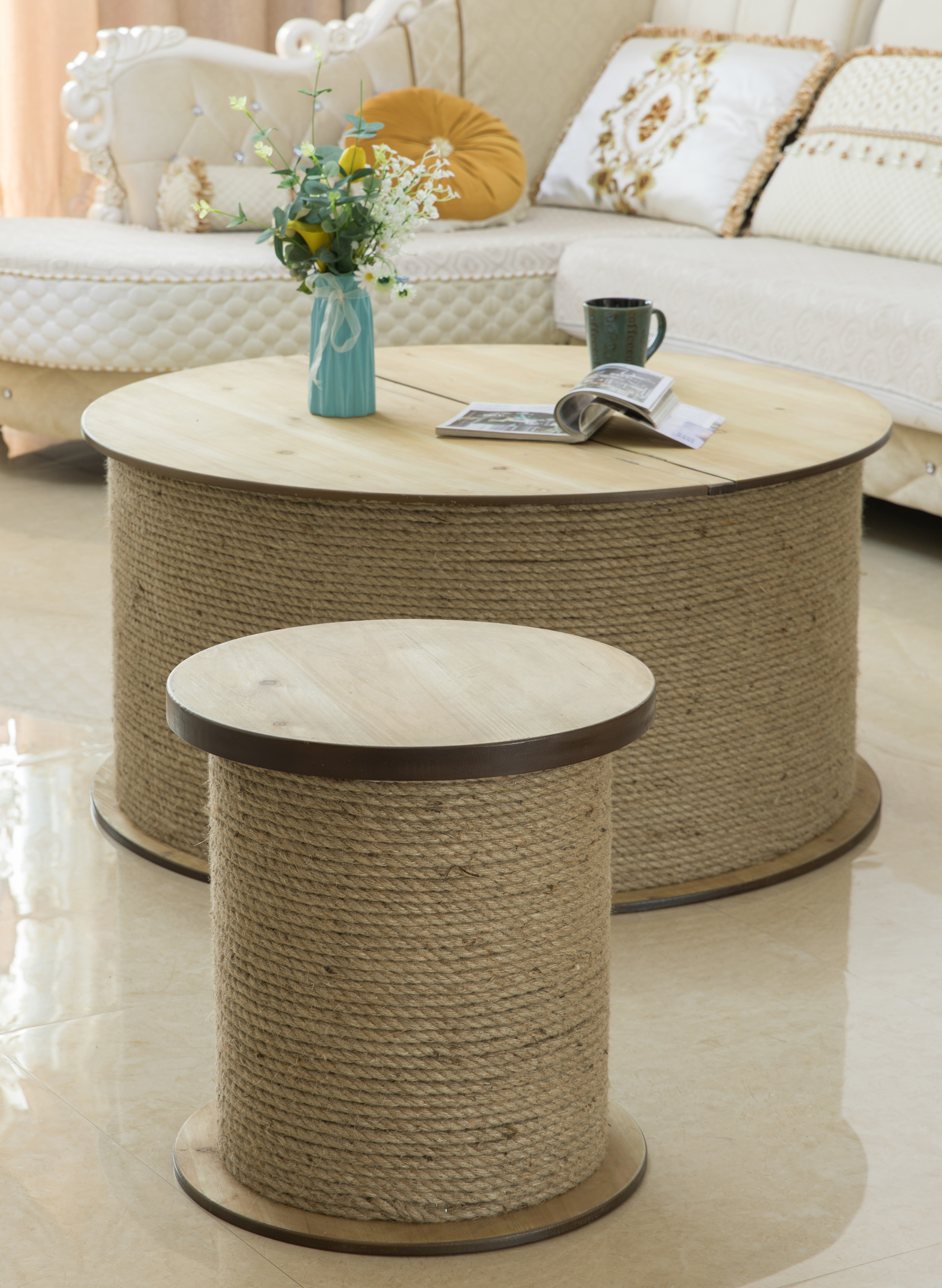 Decorative Round Spool Shaped Wooden Coffee Table with Rope Lift Top Storage
