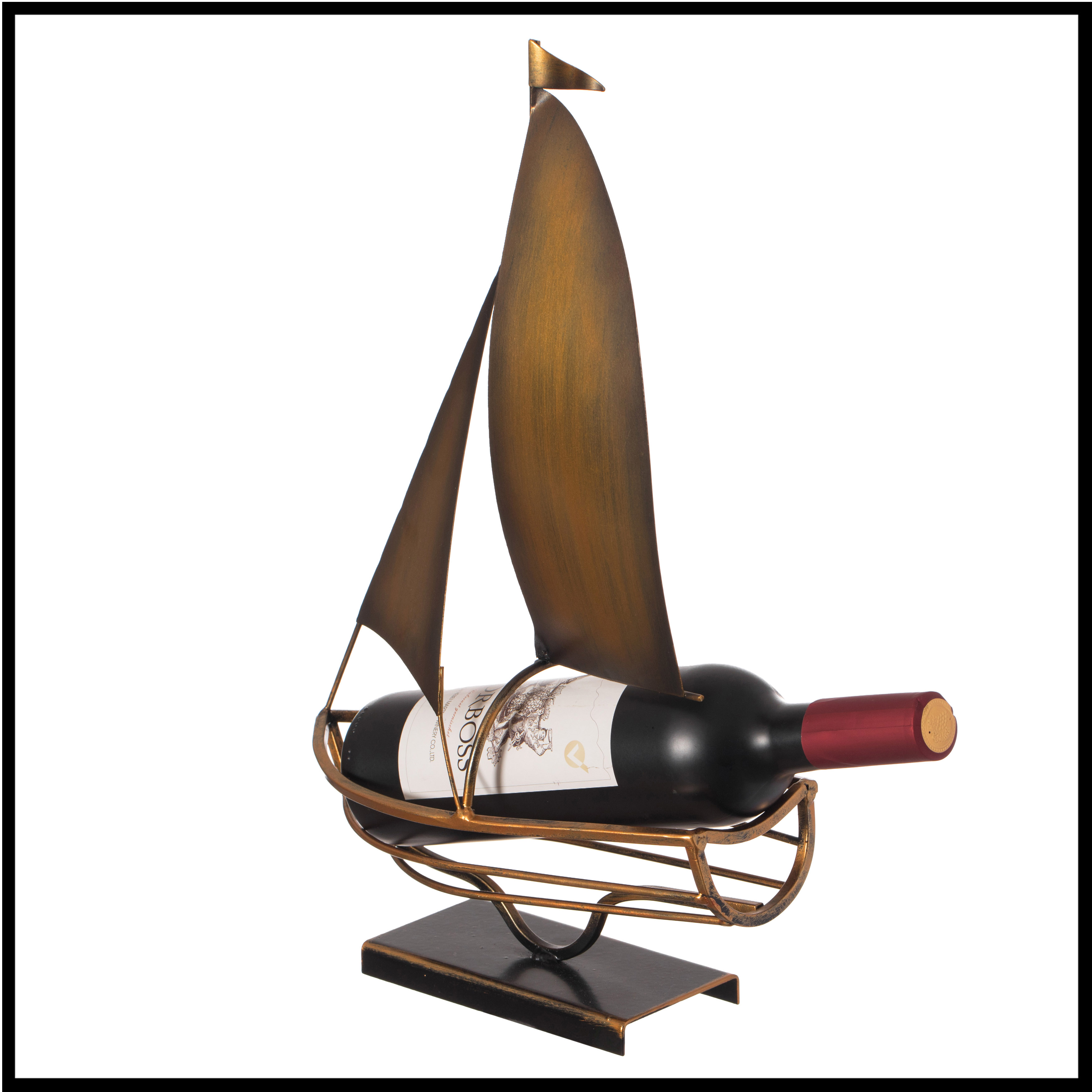 Decorative Bronze Metal Vintage Single Bottle Abstract Boat Wine Holder for Tabletop or Countertop